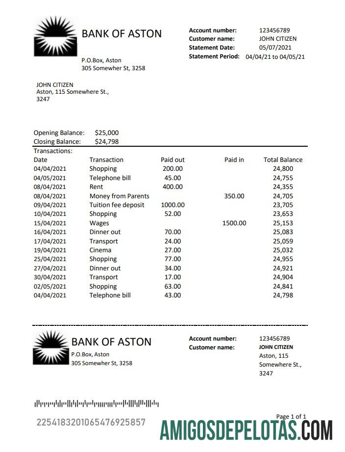 Exemplo de PDF do Banco Of Aston do Reino Unido em Excel